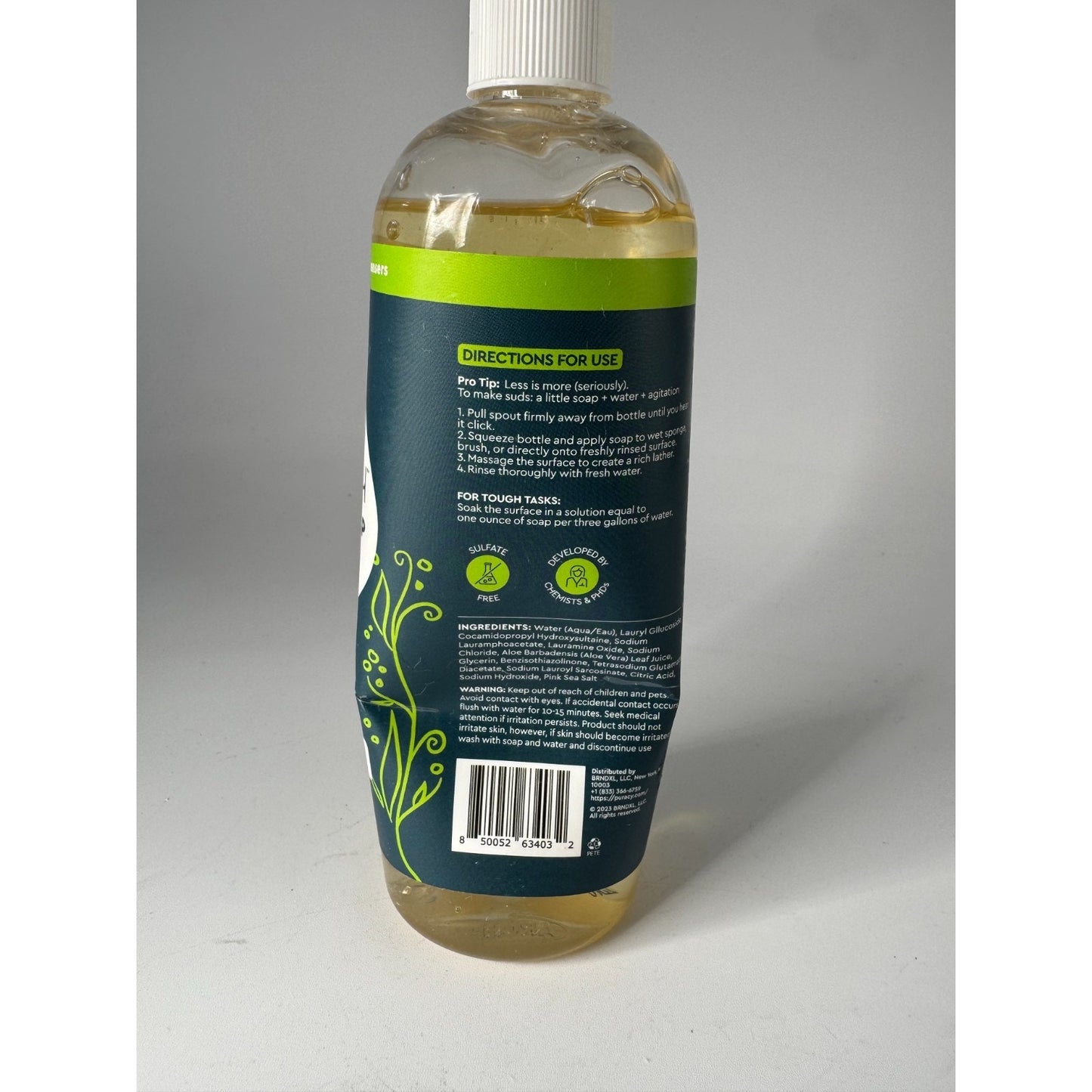 Puracy Free & Clear Plant Based Liquid Natural Dish Soap Sulfate Free 16Oz USED