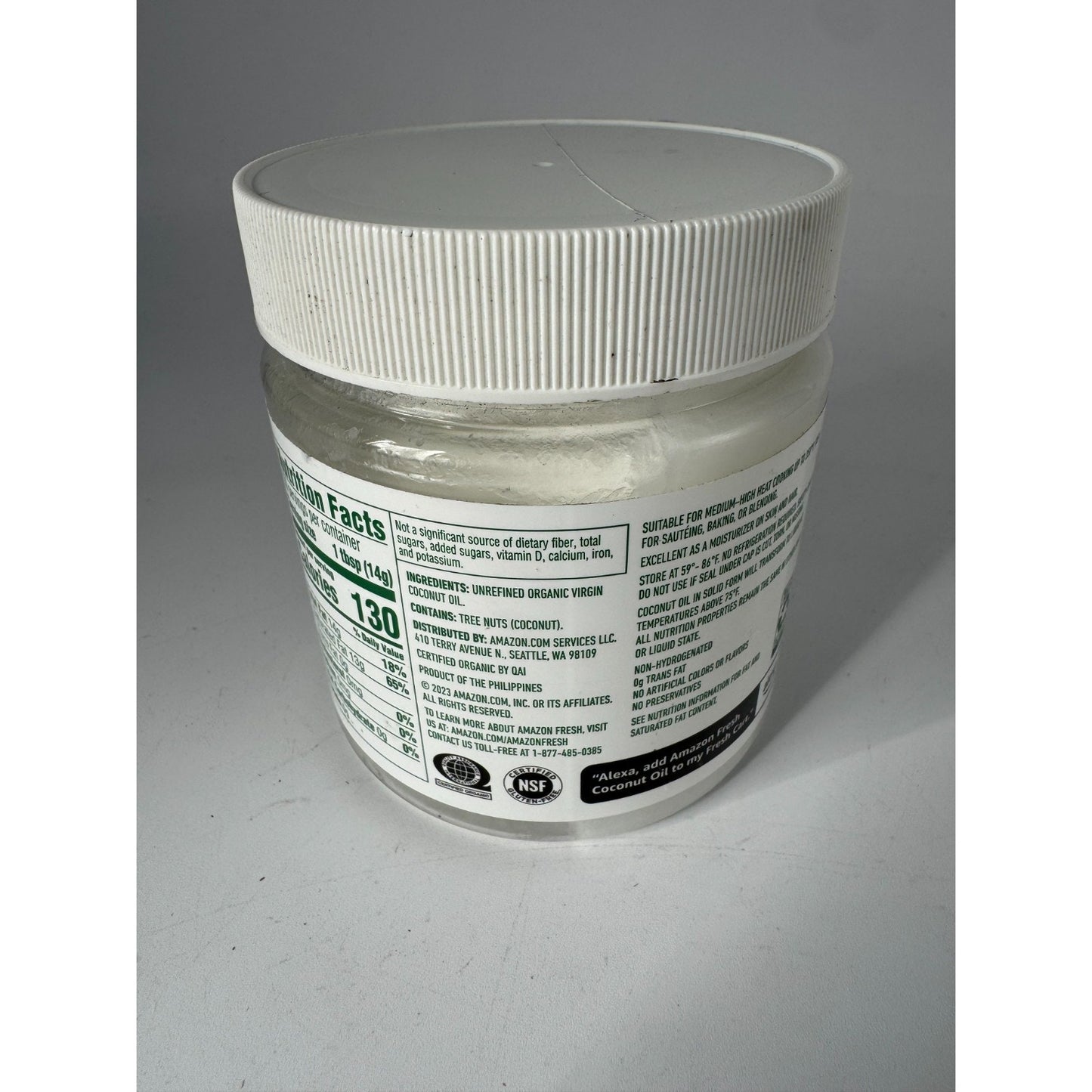 Amazon Fresh Organic Virgin Coconut Oil Expeller Pressed Unrefined Non GMO 15 Oz