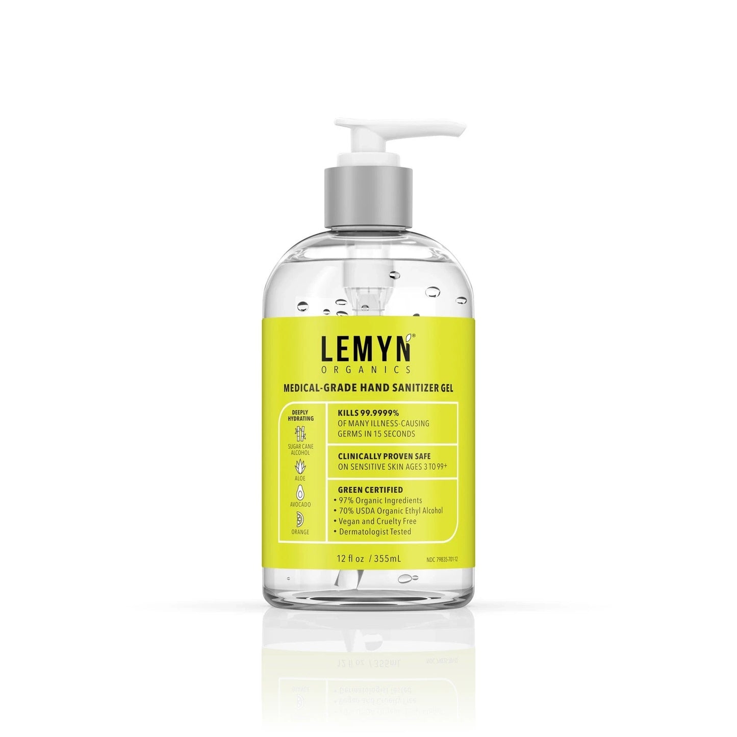 Lemyn Organics Medical Grade Hand Sanitizer Gel Deeply Hydrating 12 fl oz/ 355ml