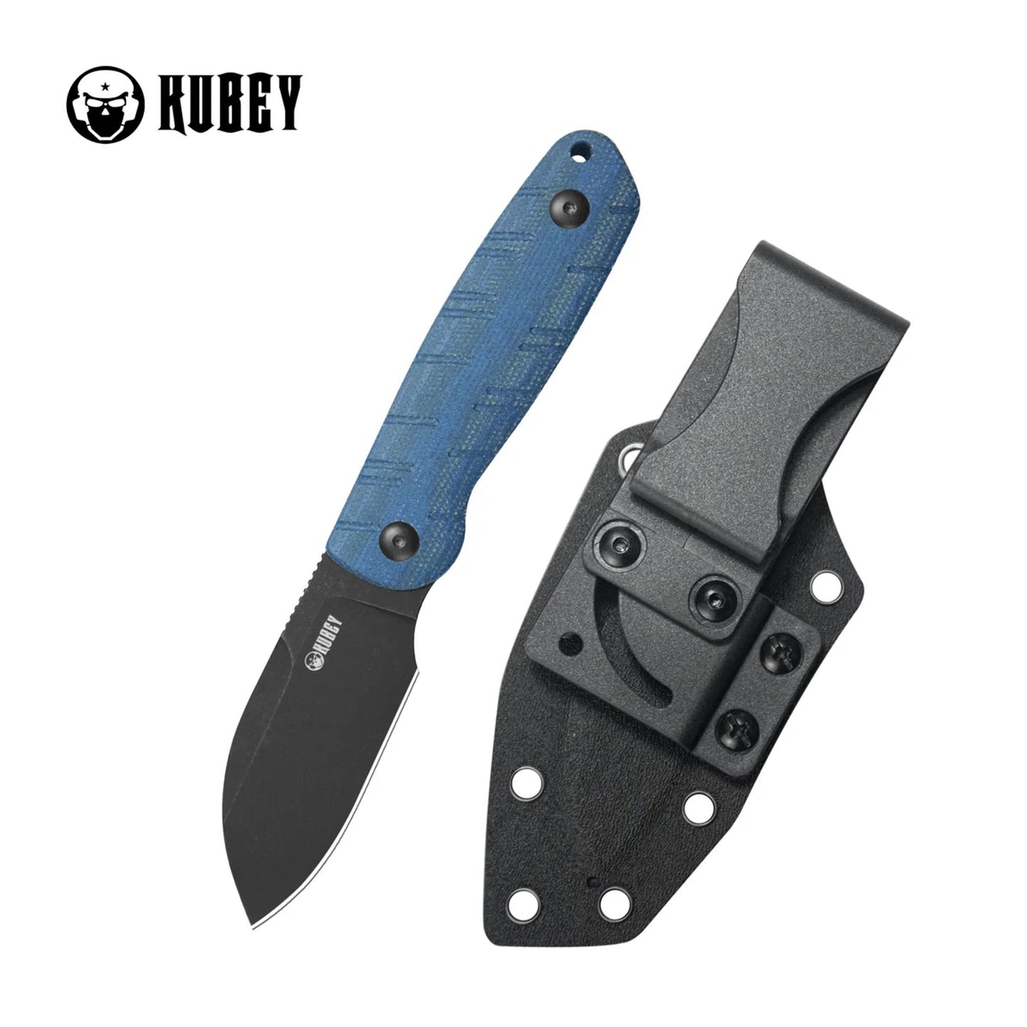 Kubey Microburst Fixed Blade Blue Micarta Handle 2.95" Blackwash Blade