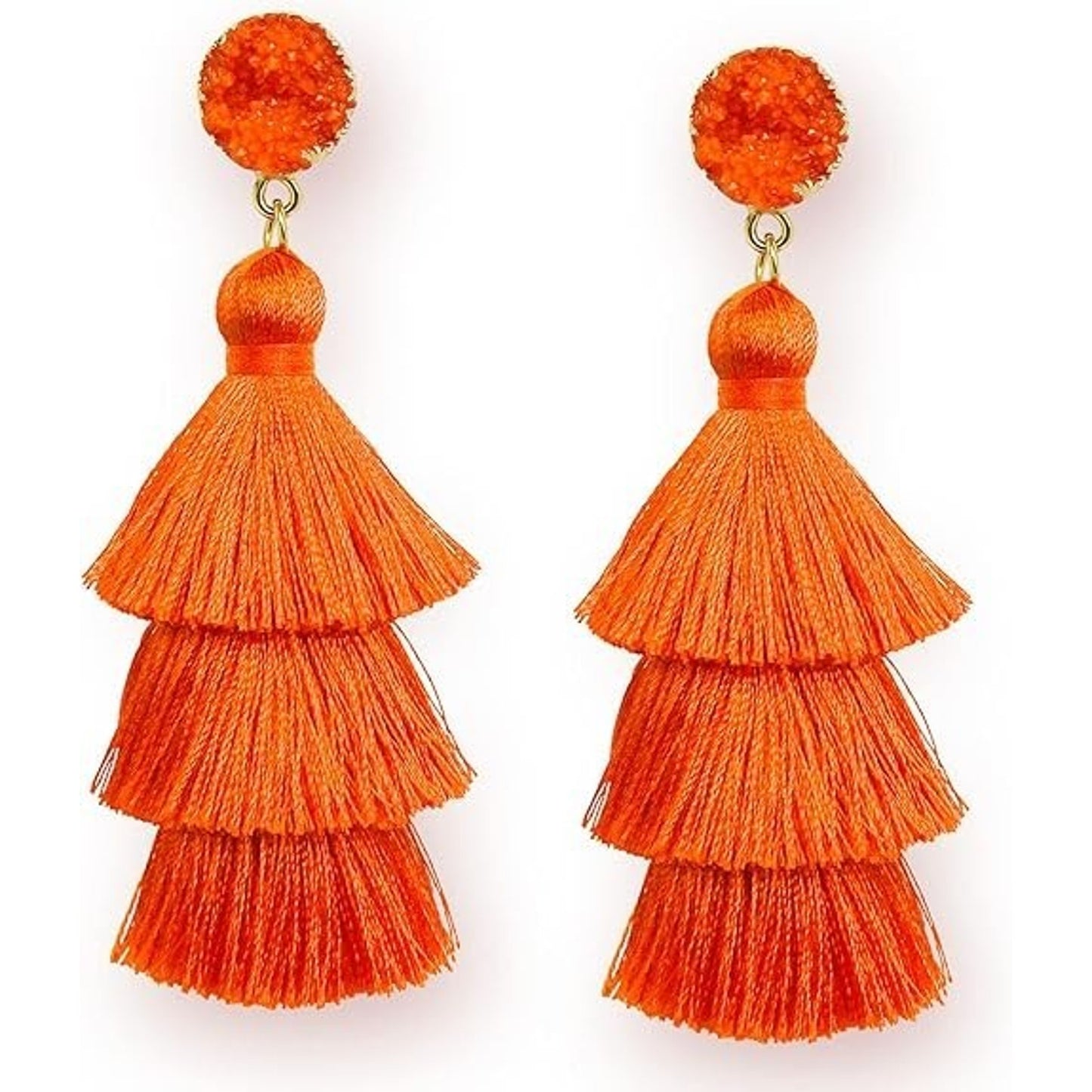 Me&Hz Orange Druzy Quartz Tassel Tiered Layered Stud Earrings Bohemian Jewelry