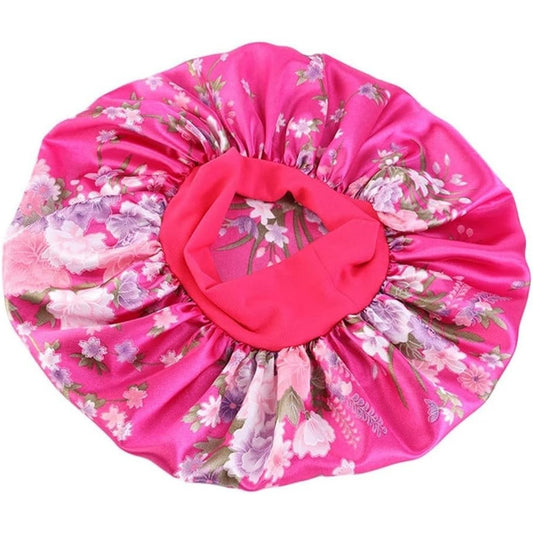 Floral Print Hot Pink Hair Bonnet Night Sleep Cap Elastic Band Women Hair Wrap
