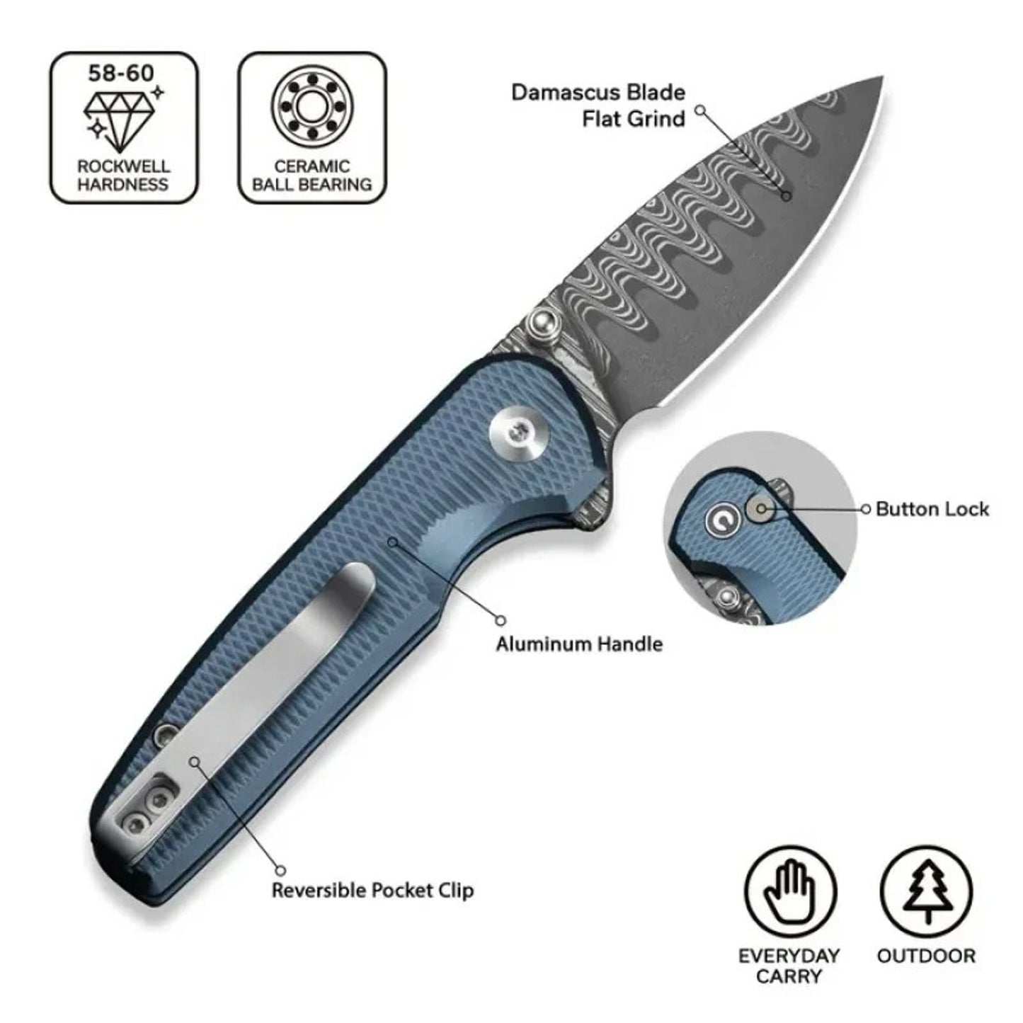 CIVIVI Mini Shakan Folding Knife Blue 2.48" DP Blade Aluminum Handle Button Lock